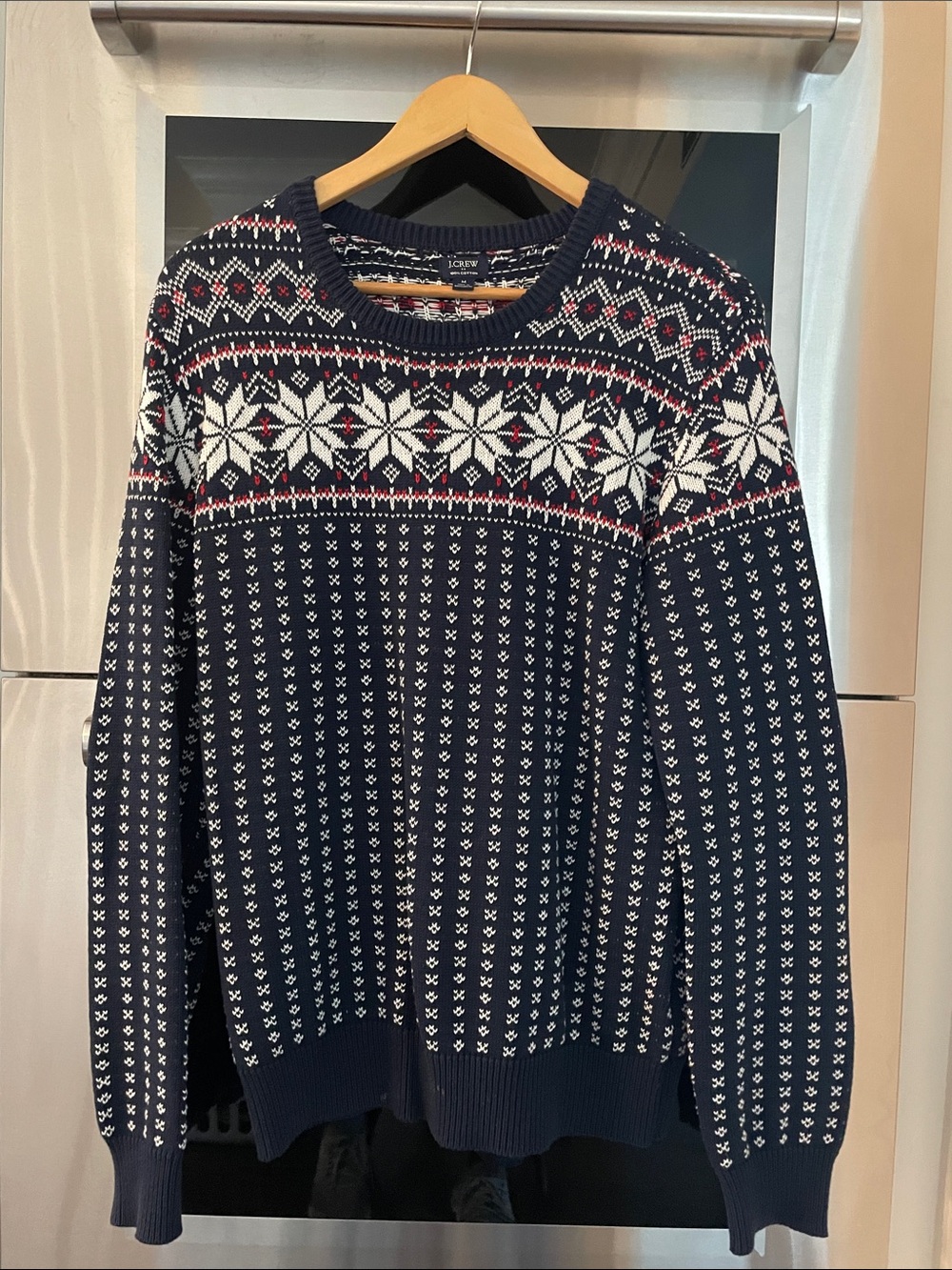 J.Crew Navy Cotton Fair Isle Sweater with White & Red Details